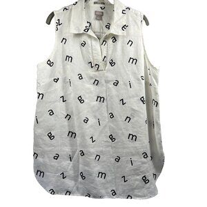 Chicos Women's Top L Black White‎ 100% Linen Sleeveless Blouse Pullover Teacher